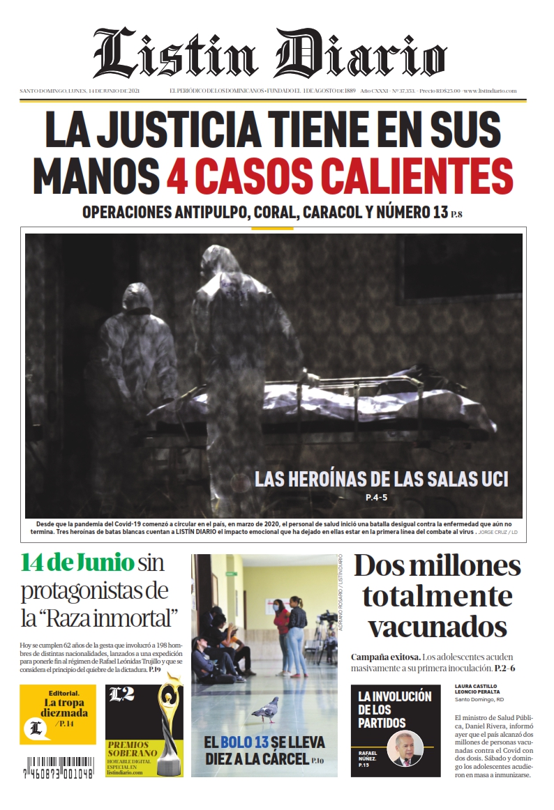 Portada Periódico Listín Diario, Lunes 14 Junio, 2021