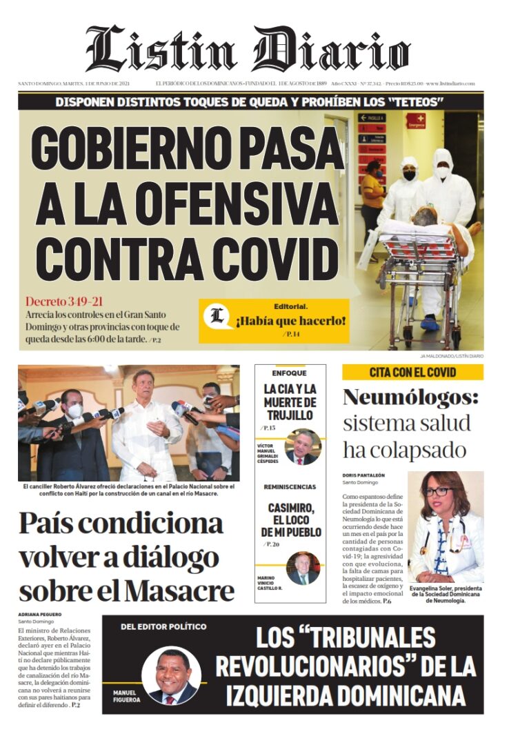 Portada Periódico Listín Diario, Martes 01 Junio, 2021