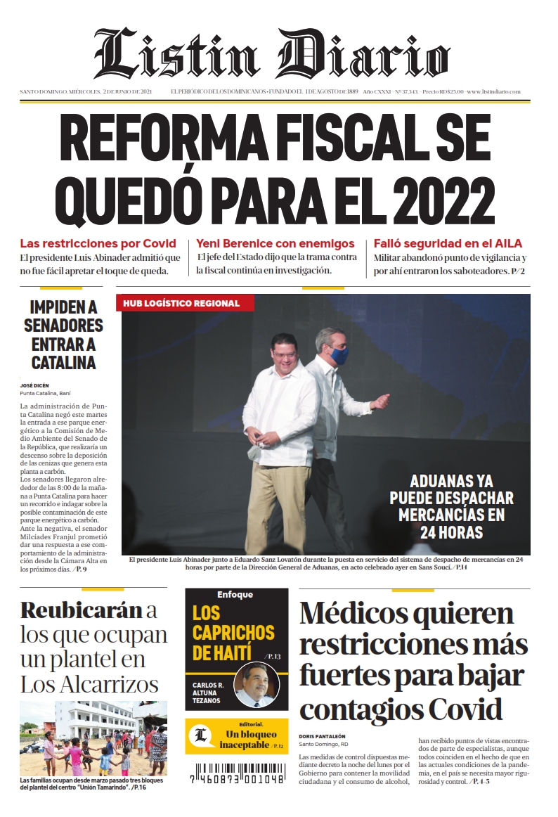 Portada Periódico Listín Diario, Miércoles 02 Junio, 2021