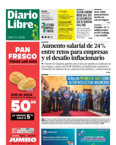 Portada Periódico Diario Libre, Jueves 15 Julio, 2021