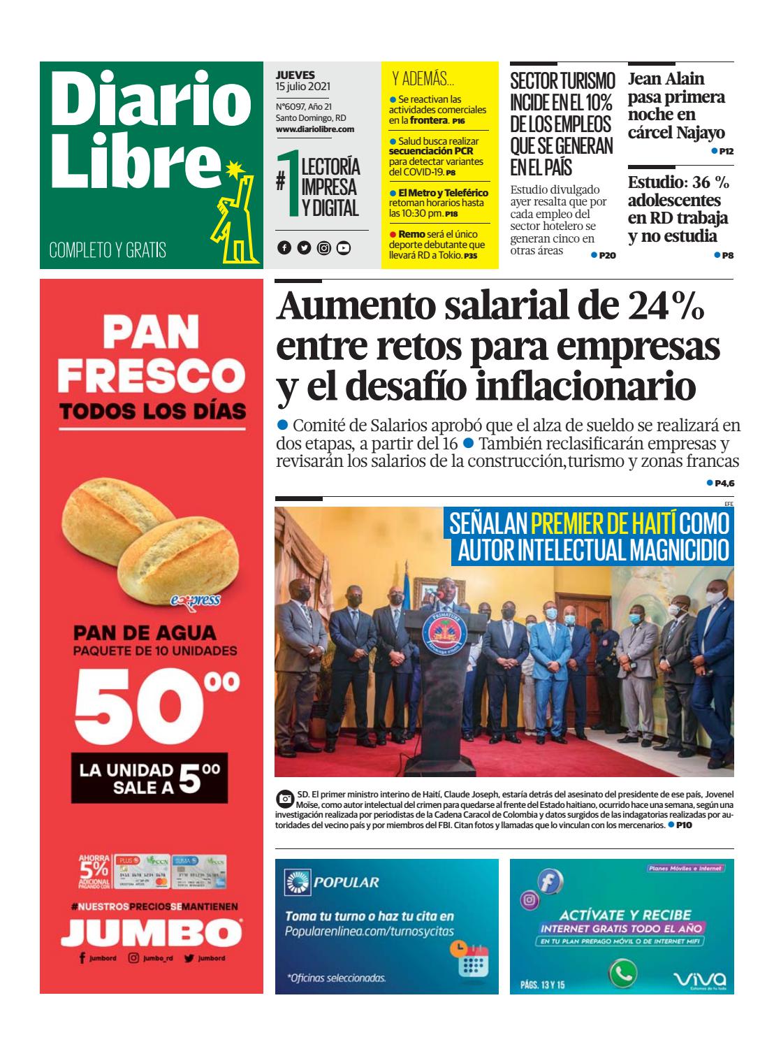 Portada Periódico Diario Libre, Jueves 15 Julio, 2021