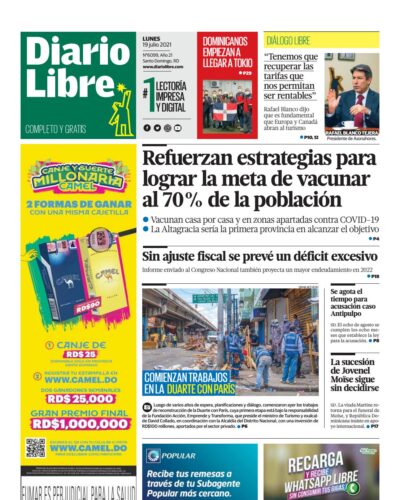 Portada Periódico Diario Libre, Lunes 19 Julio, 2021