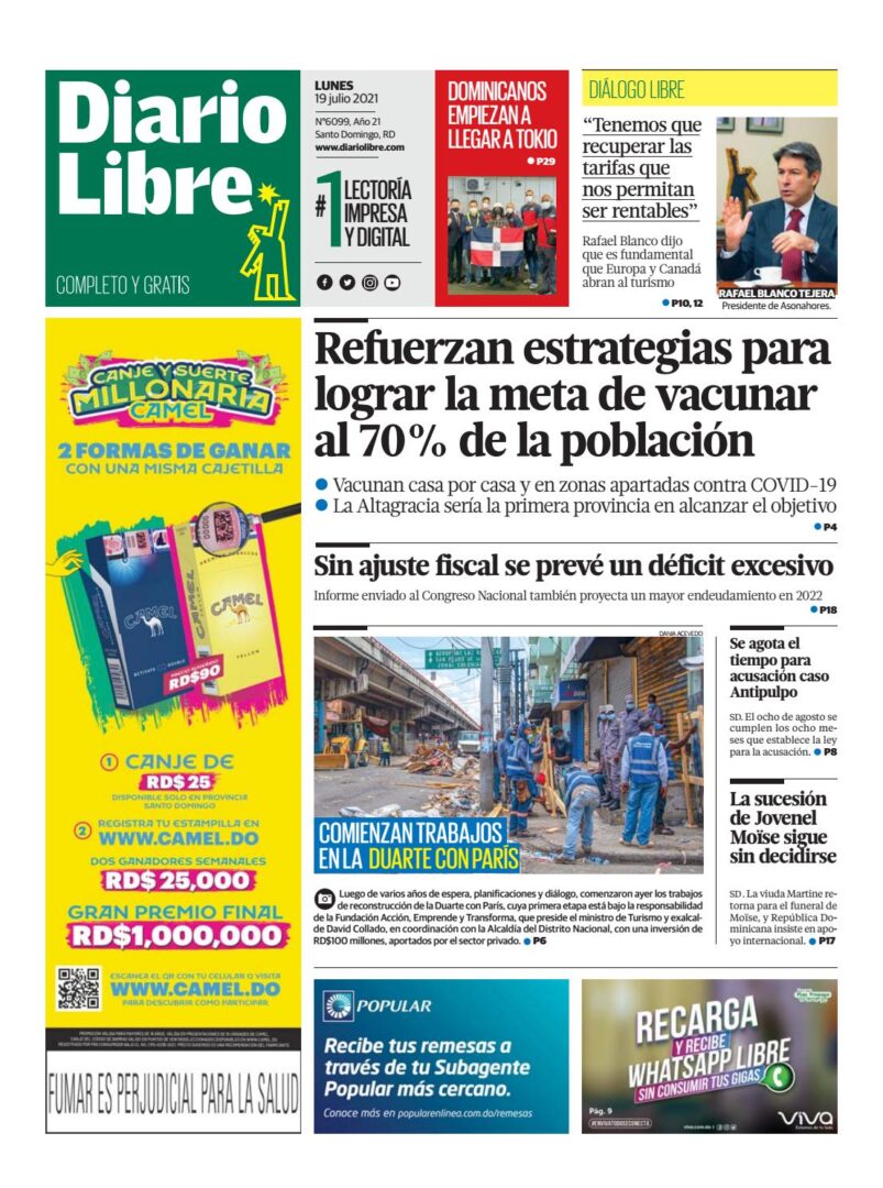 Portada Periódico Diario Libre, Lunes 19 Julio, 2021
