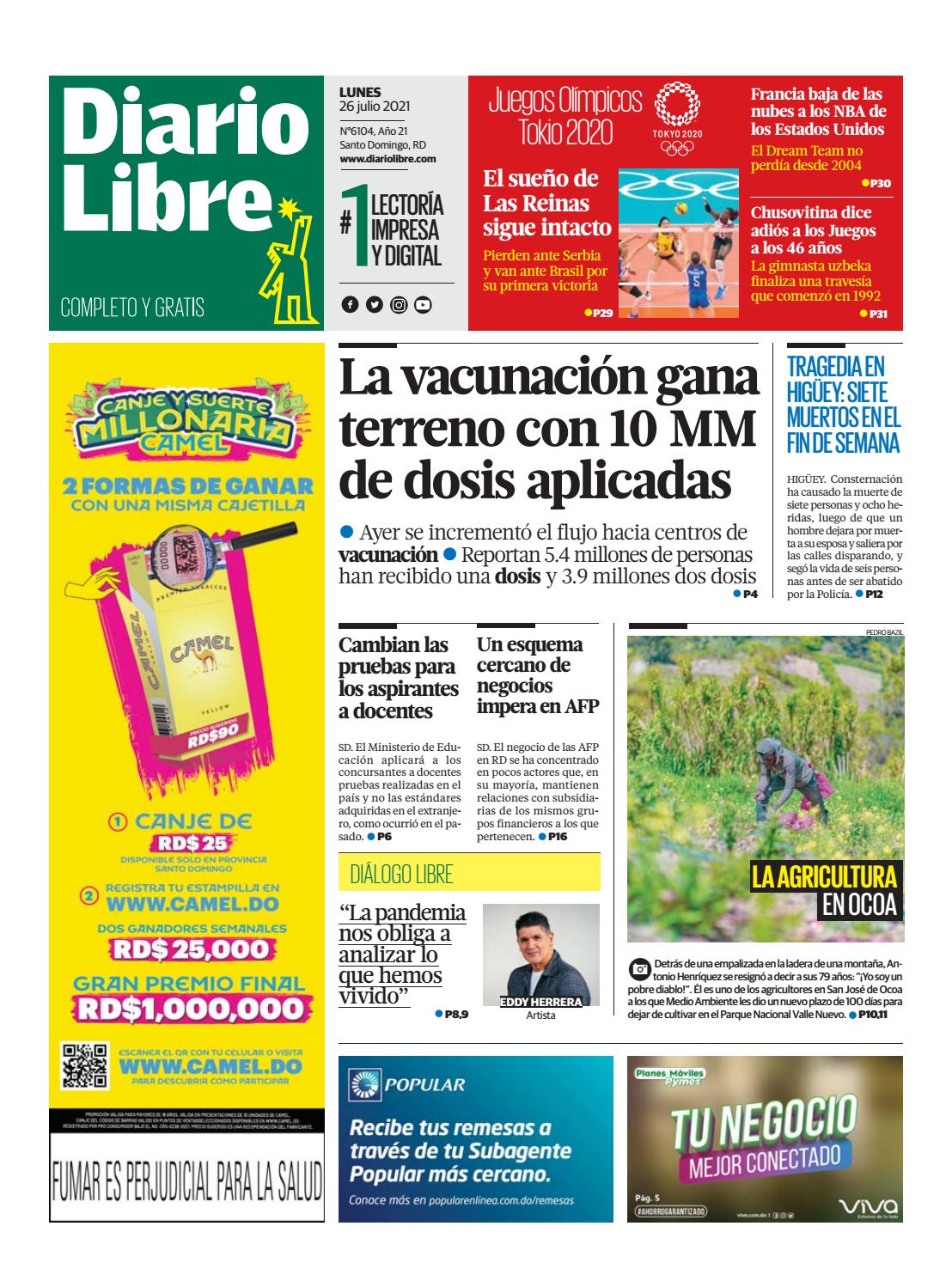 Portada Periódico Diario Libre, Lunes 26 Julio, 2021