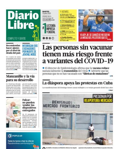Portada Periódico Diario Libre, Martes 13 Julio, 2021