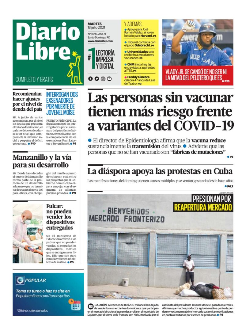 Portada Periódico Diario Libre, Martes 13 Julio, 2021
