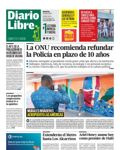 Portada Periódico Diario Libre, Martes 20 Julio, 2021