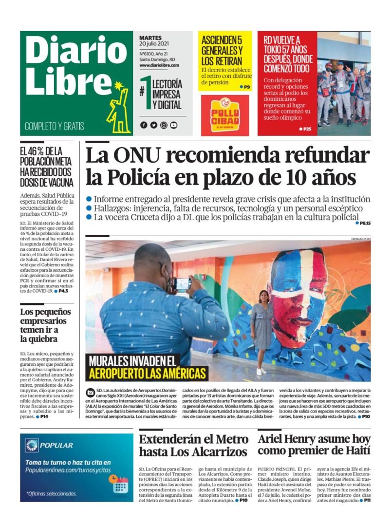 Portada Periódico Diario Libre, Martes 20 Julio, 2021