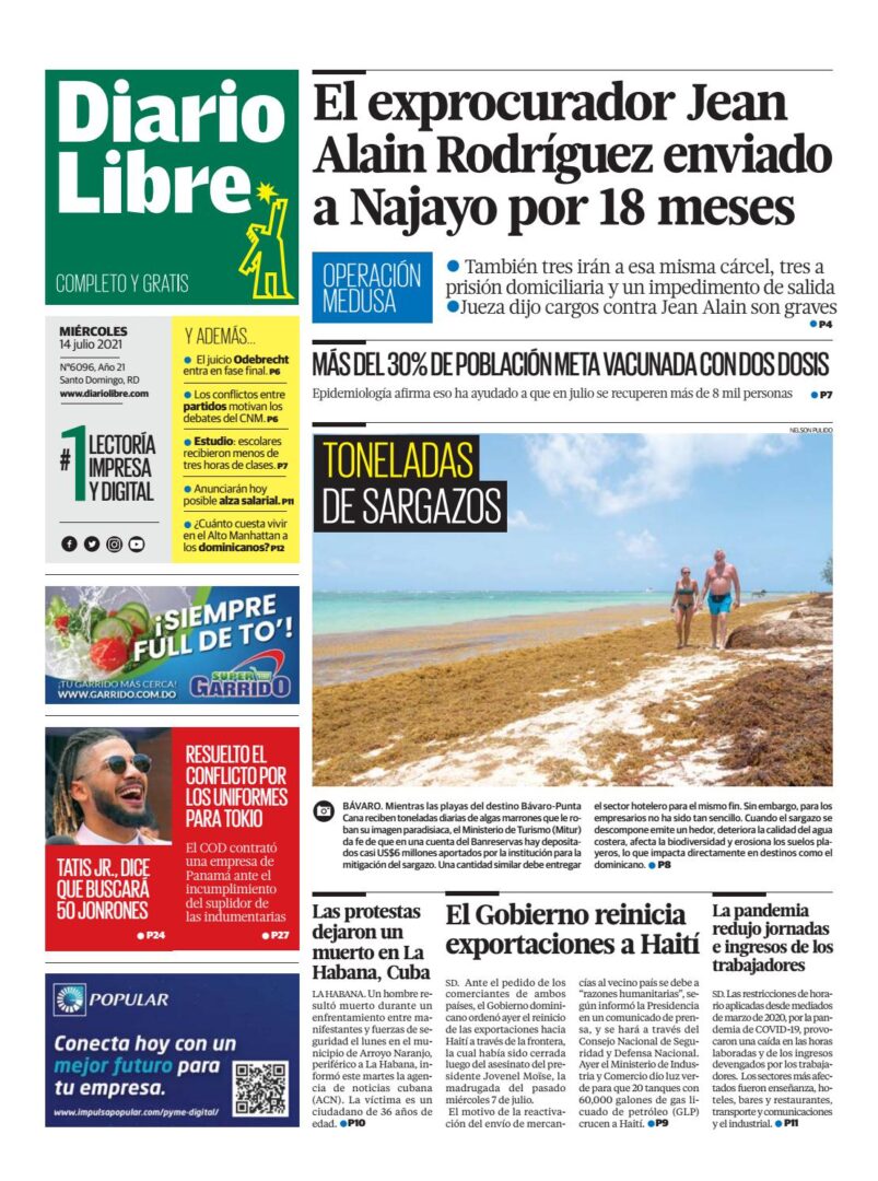 Portada Periódico Diario Libre, Miércoles 14 Julio, 2021