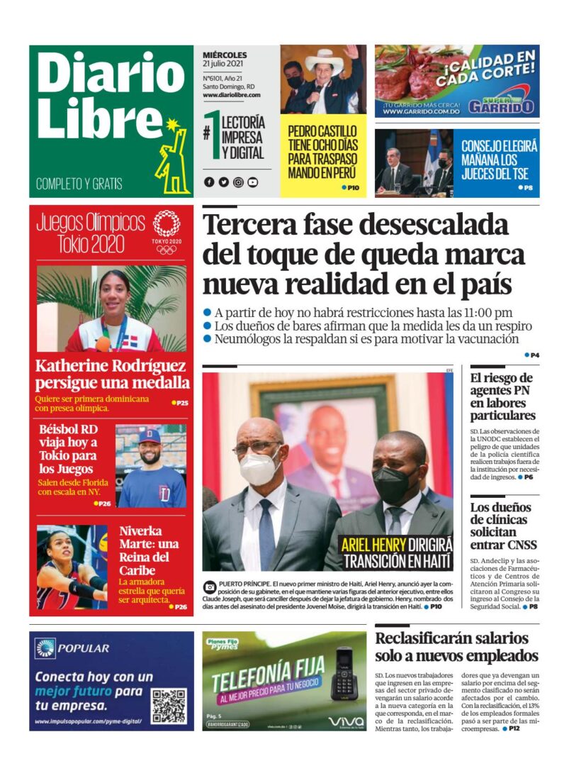 Portada Periódico Diario Libre, Miércoles 21 Julio, 2021