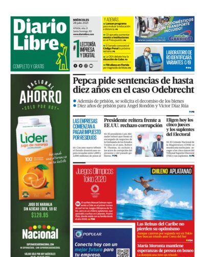 Portada Periódico Diario Libre, Miércoles 28 Julio, 2021