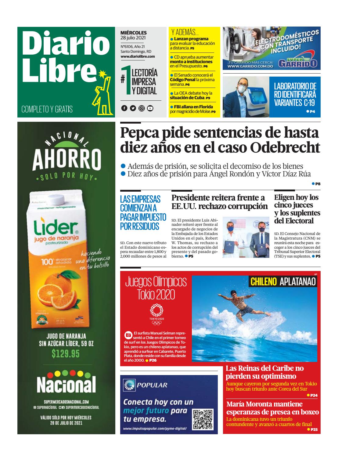 Portada Periódico Diario Libre, Miércoles 28 Julio, 2021