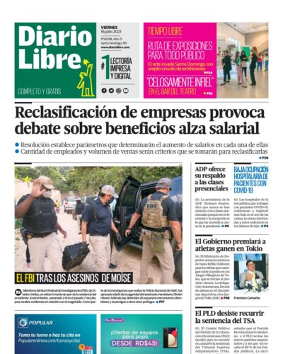 Portada Periódico Diario Libre, Viernes 16 Julio, 2021