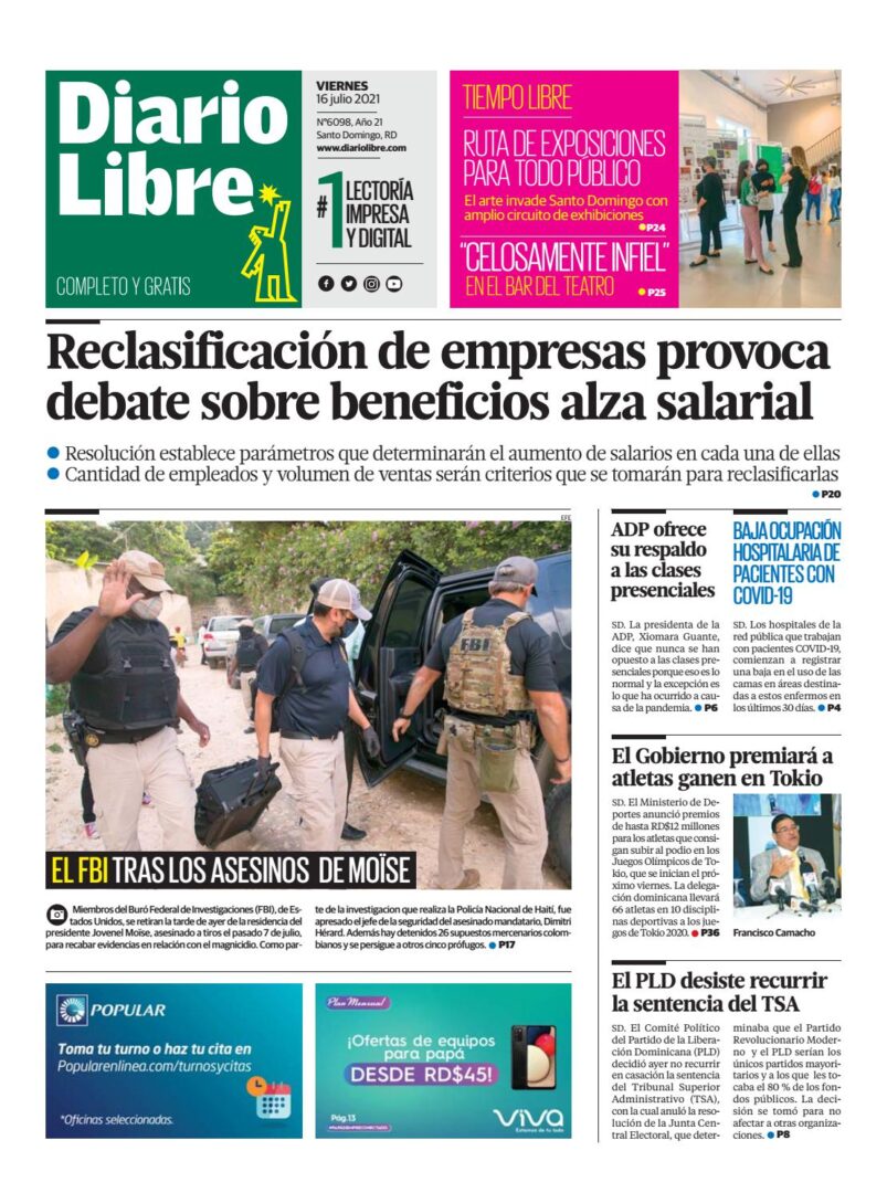 Portada Periódico Diario Libre, Viernes 16 Julio, 2021