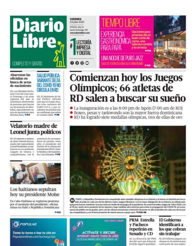 Portada Periódico Diario Libre, Viernes 23 Julio, 2021