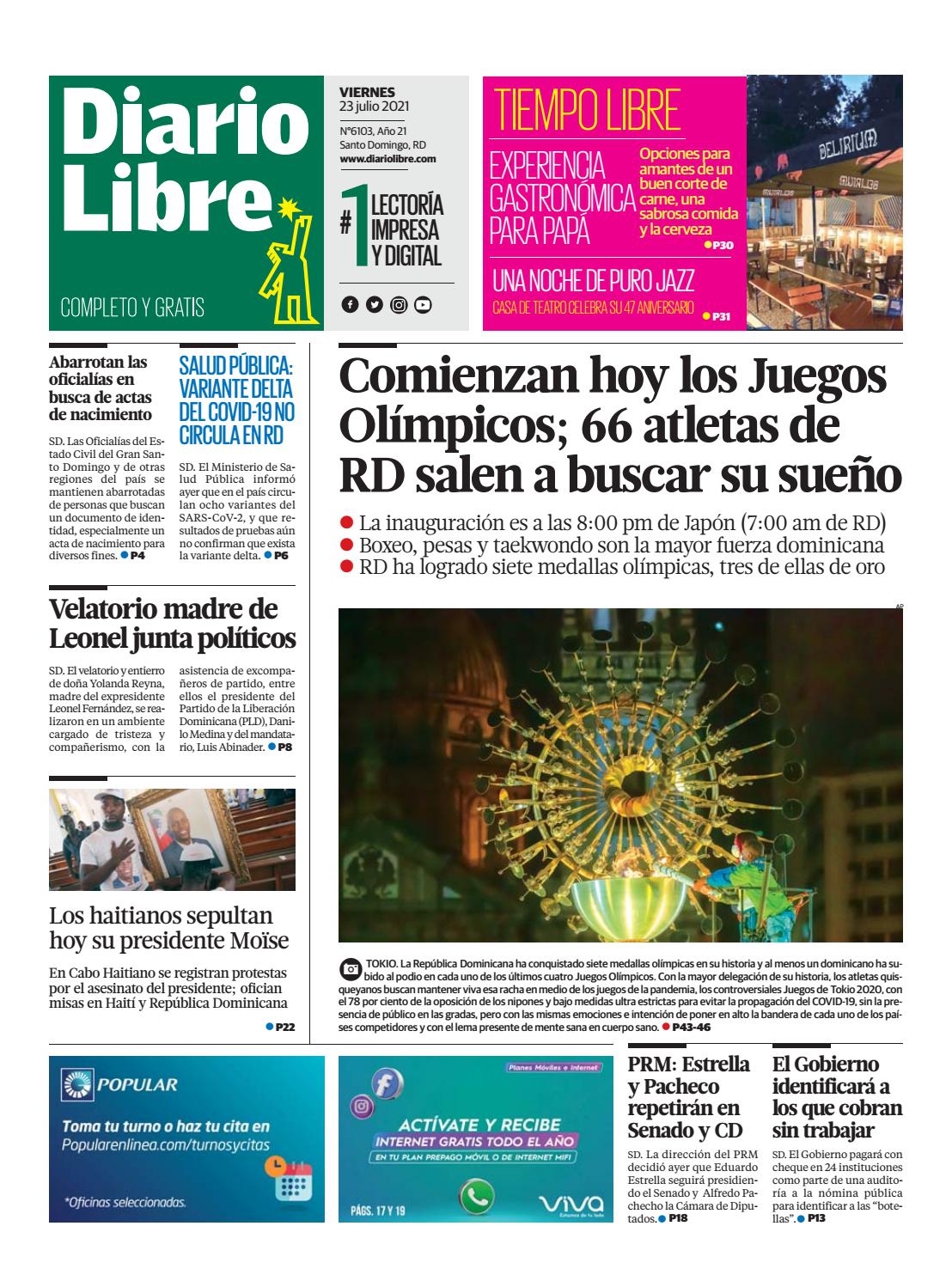 Portada Periódico Diario Libre, Viernes 23 Julio, 2021