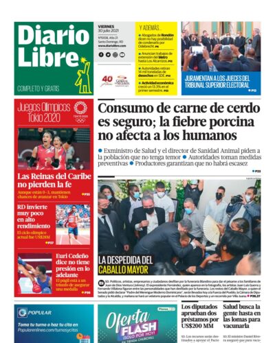 Portada Periódico Diario Libre, Viernes 30 Julio, 2021