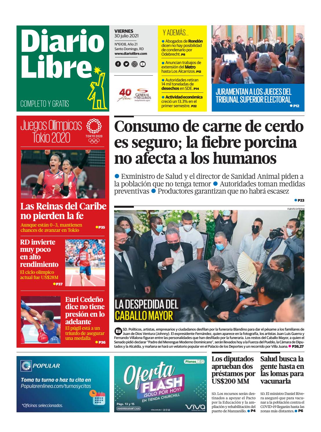 Portada Periódico Diario Libre, Viernes 30 Julio, 2021