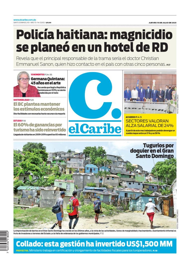 Portada Periódico El Caribe, Jueves 15 Julio, 2021