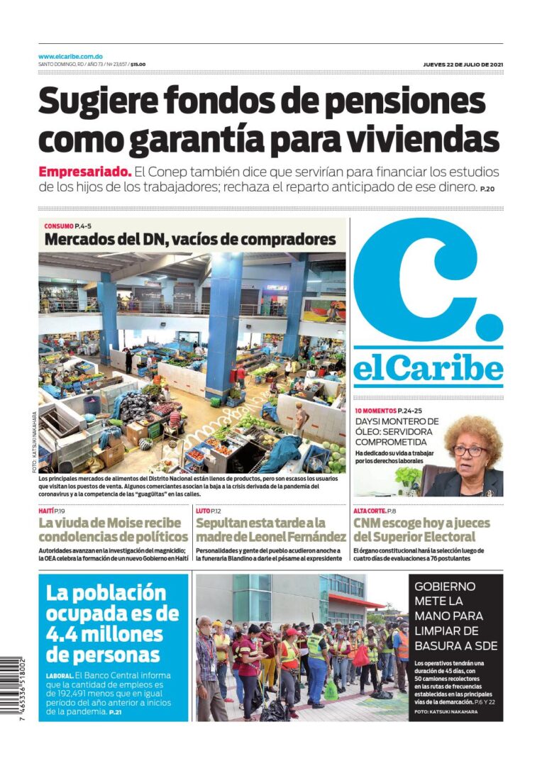 Portada Periódico El Caribe, Jueves 22 Julio, 2021