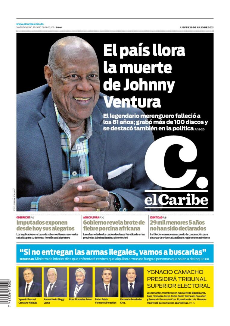 Portada Periódico El Caribe, Jueves 29 Julio, 2021