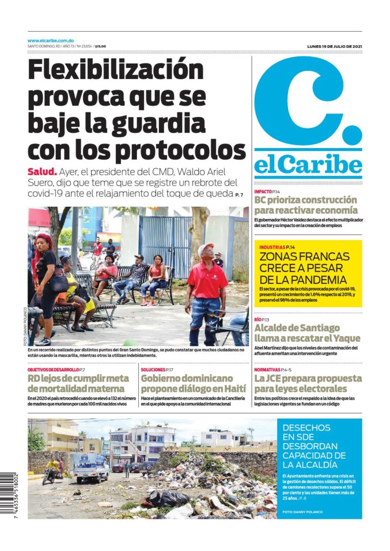 Portada Periódico El Caribe, Lunes 19 Julio, 2021