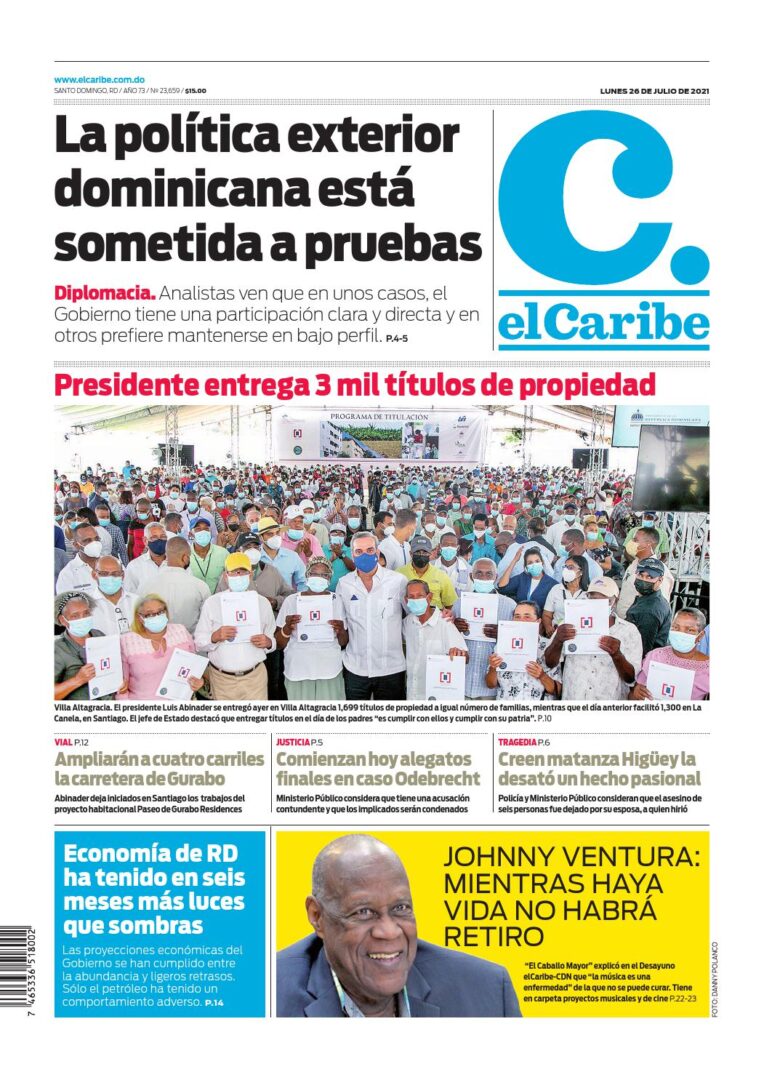 Portada Periódico El Caribe, Lunes 26 Julio, 2021
