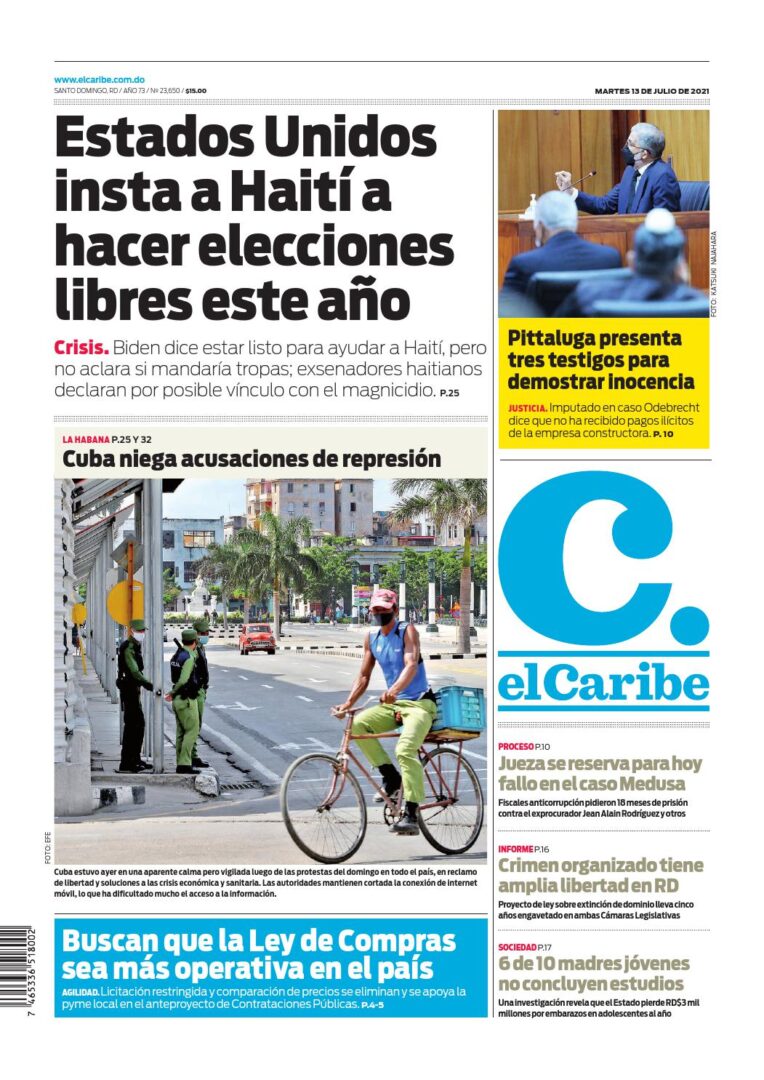 Portada Periódico El Caribe, Martes 13 Julio, 2021