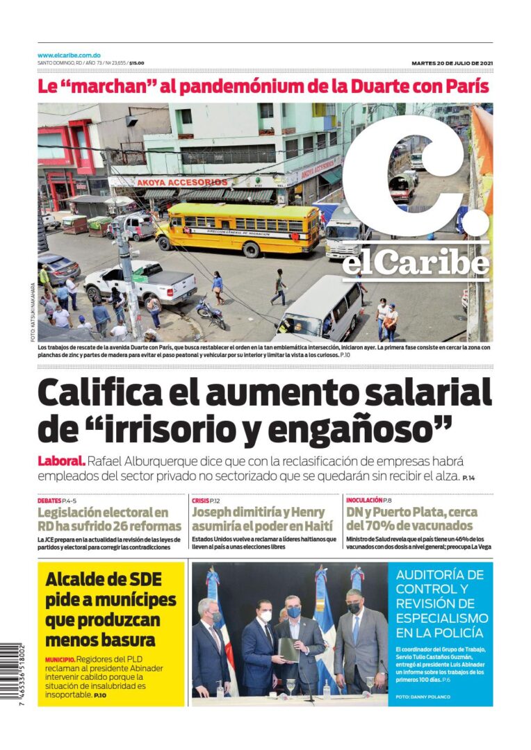 Portada Periódico El Caribe, Martes 20 Julio, 2021
