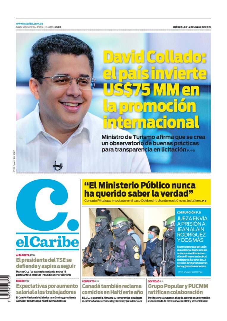 Portada Periódico El Caribe, Miércoles 14 Julio, 2021