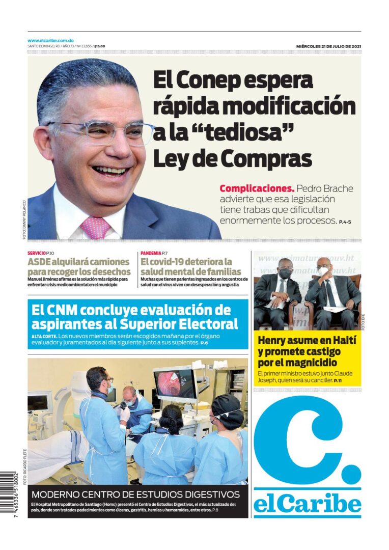 Portada Periódico El Caribe, Miércoles 21 Julio, 2021