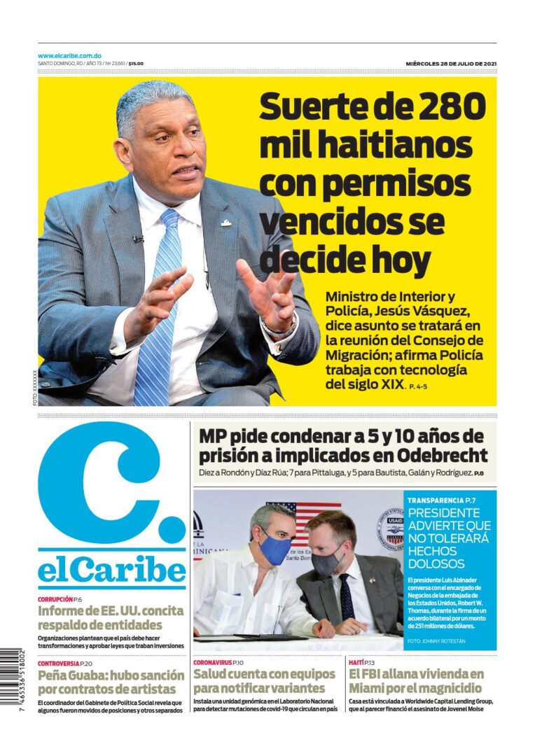 Portada Periódico El Caribe, Miércoles 28 Julio, 2021