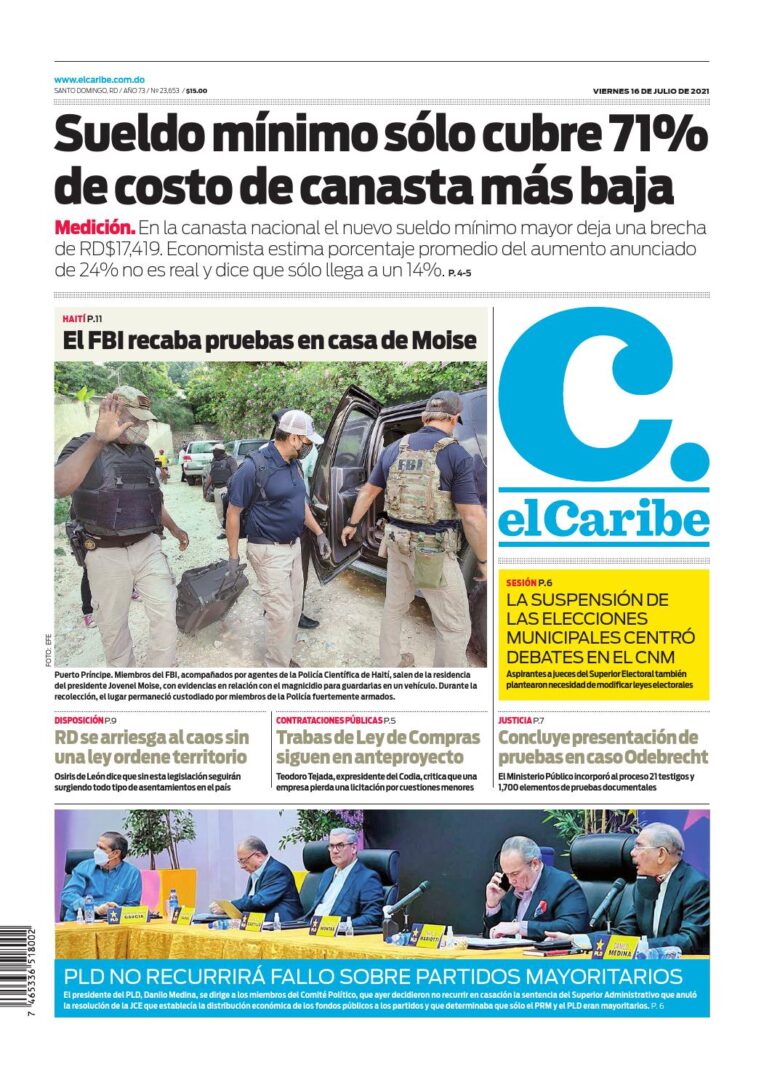 Portada Periódico El Caribe, Viernes 16 Julio, 2021