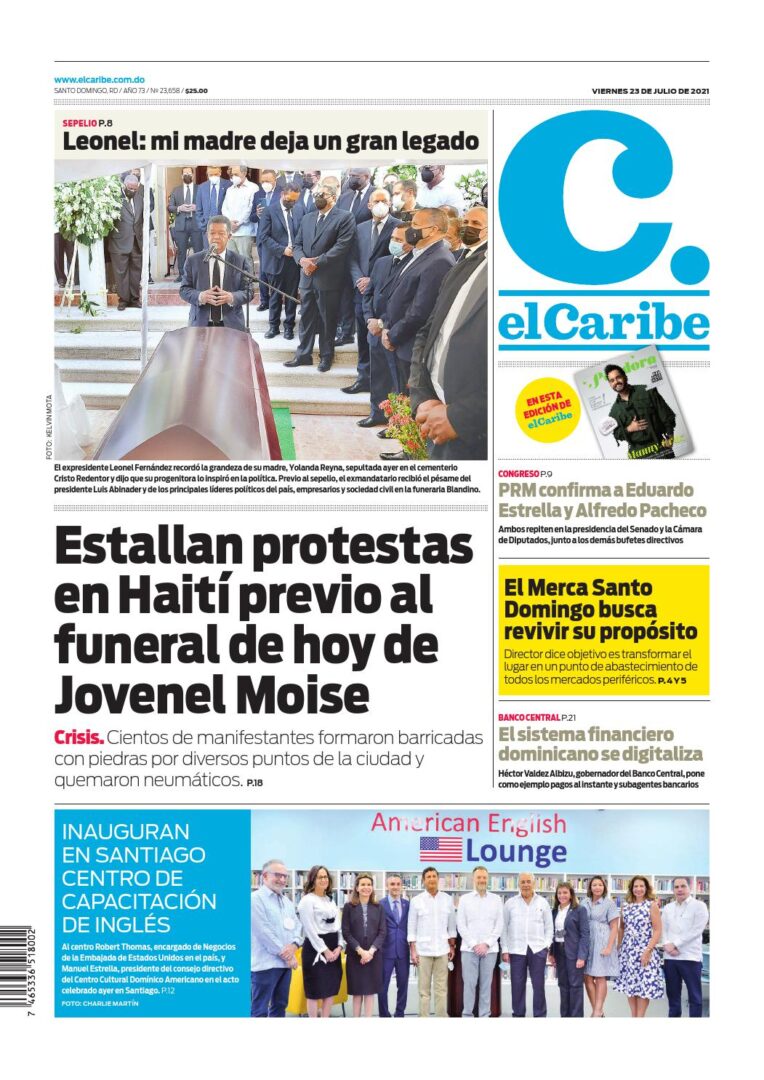 Portada Periódico El Caribe, Viernes 23 Julio, 2021