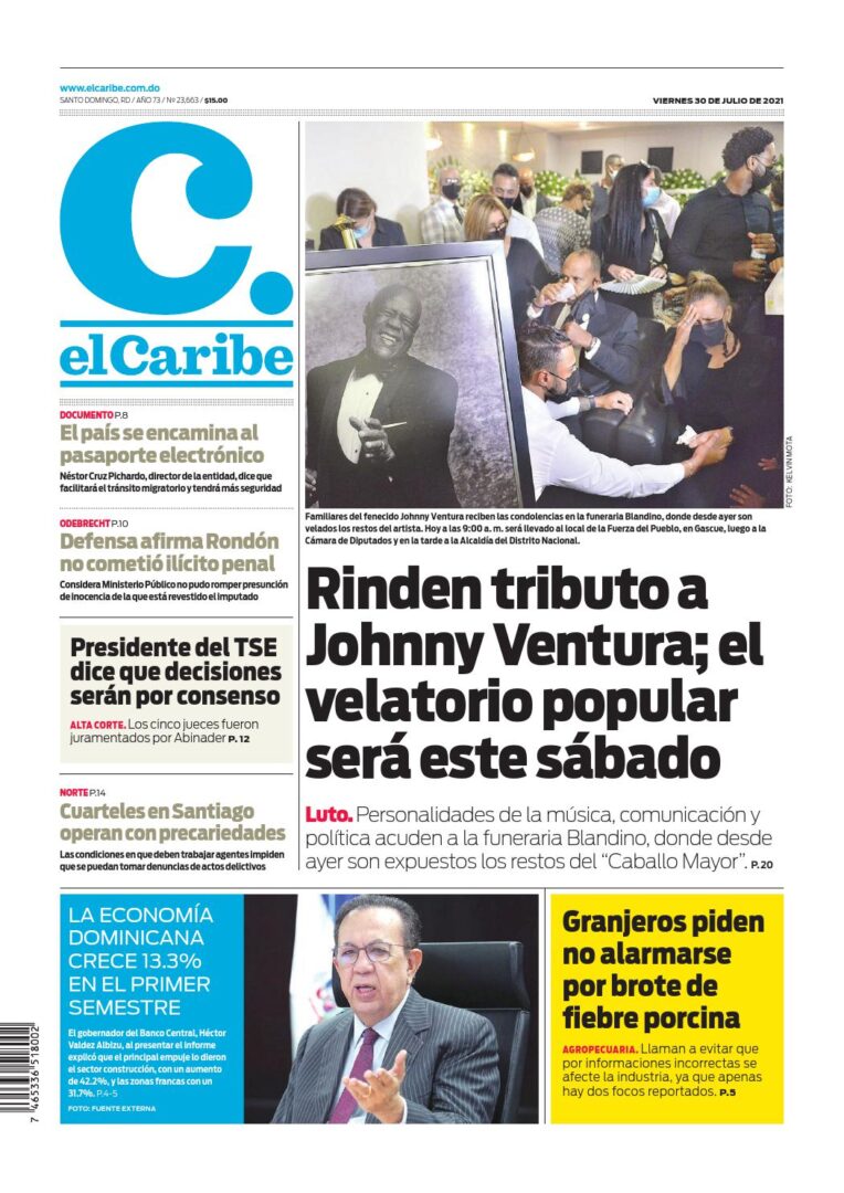 Portada Periódico El Caribe, Viernes 30 Julio, 2021