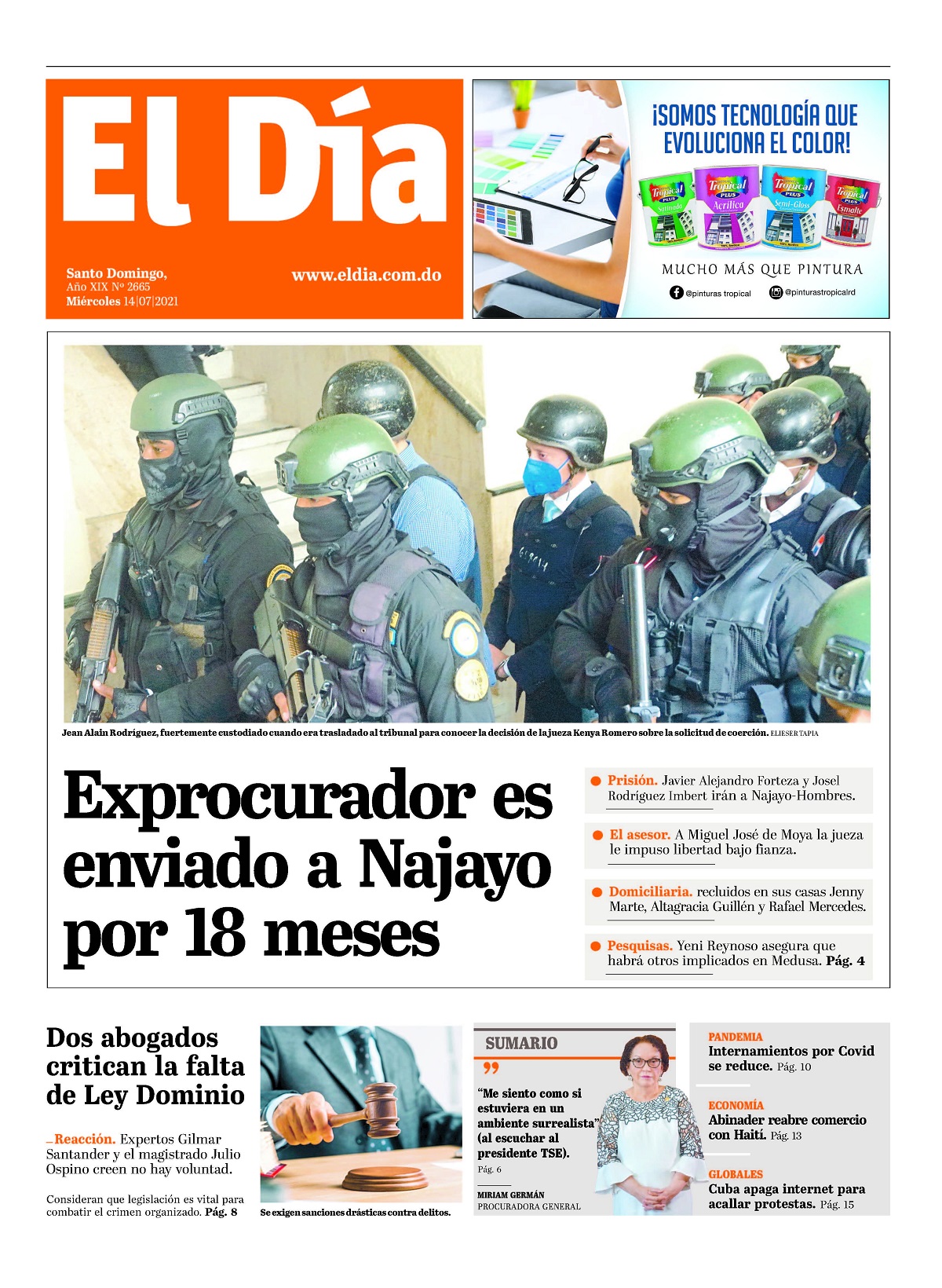 Portada Periódico El Día, Jueves 15 Julio, 2021