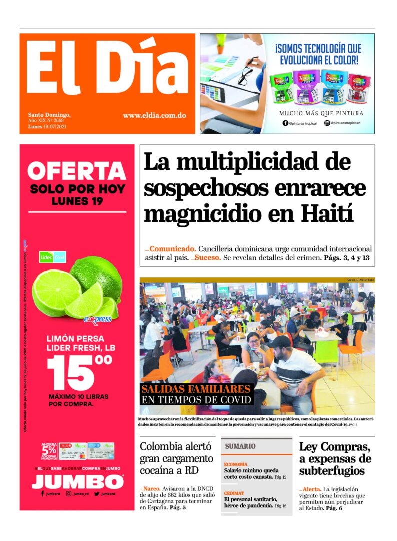Portada Periódico El Día, Lunes 19 Julio, 2021
