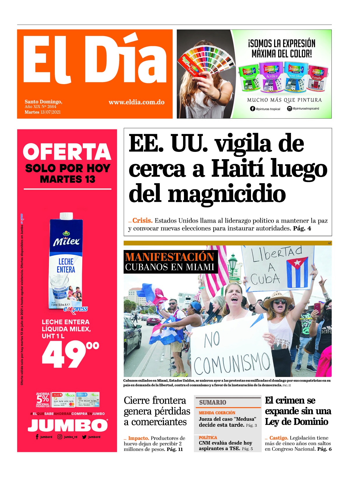 Portada Periódico El Día, Martes 13 Julio, 2021