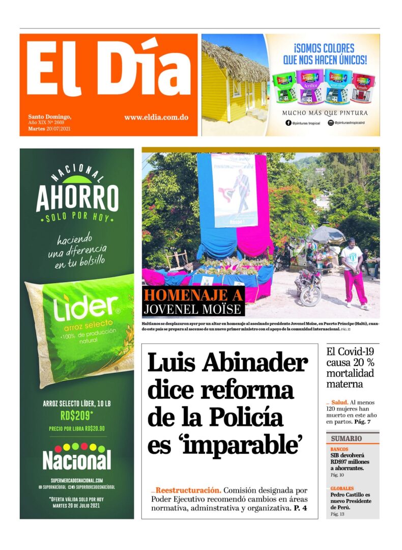 Portada Periódico El Día, Martes 20 Julio, 2021