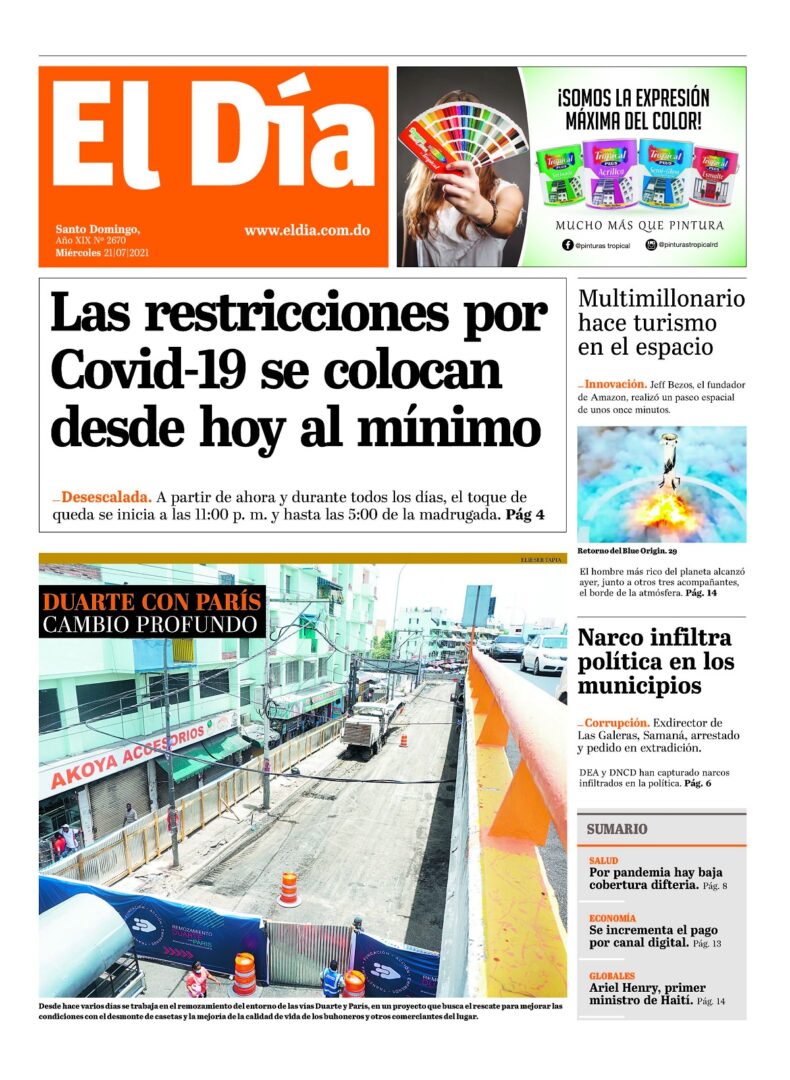 Portada Periódico El Día, Miércoles 21 Julio, 2021
