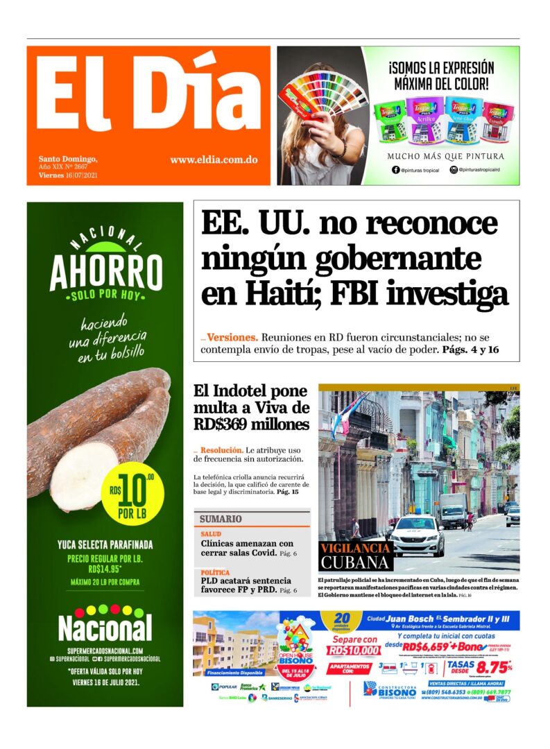 Portada Periódico El Día, Viernes 16 Julio, 2021