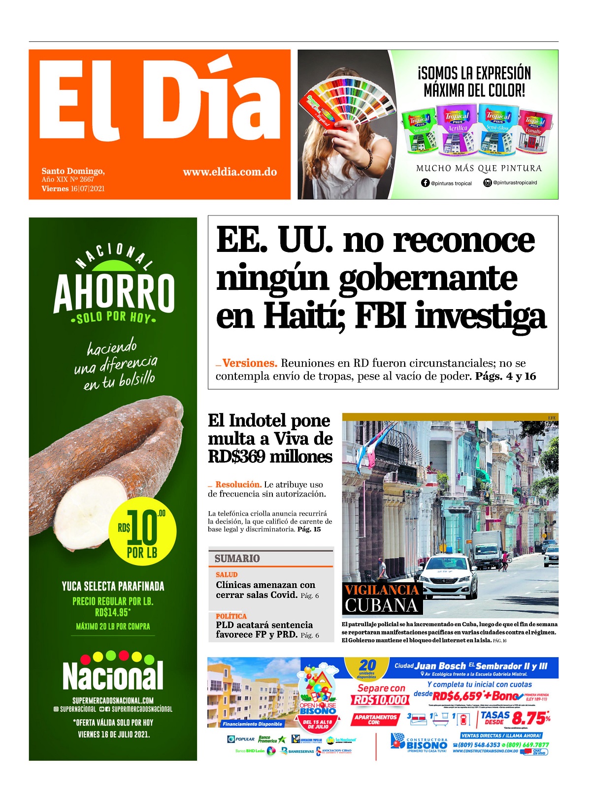 Portada Periódico El Día, Viernes 16 Julio, 2021