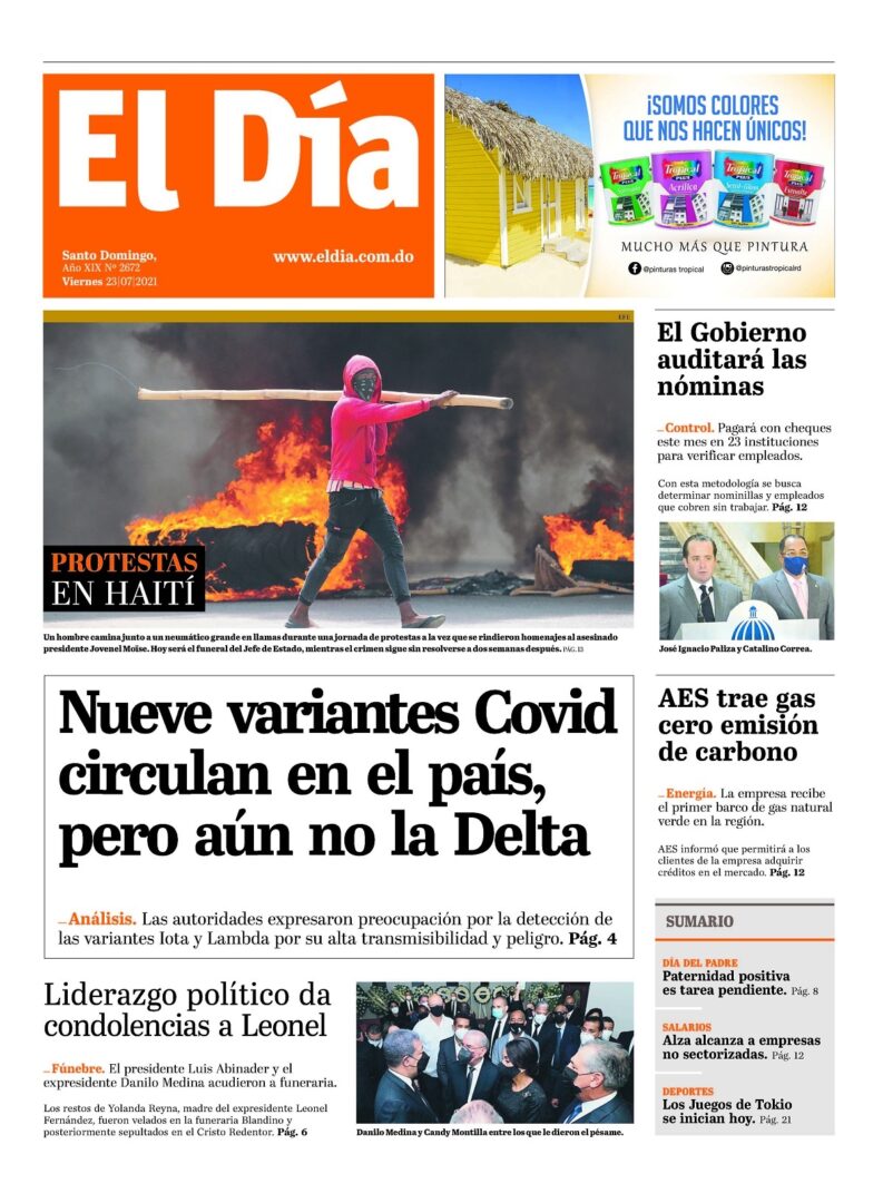Portada Periódico El Día, Viernes 23 Julio, 2021