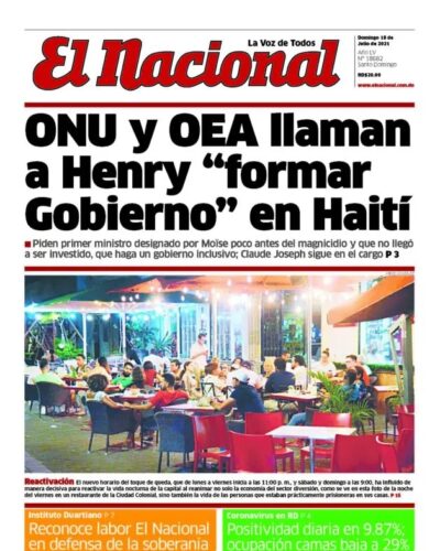 Portada Periódico El Nacional, Domingo 18 Julio, 2021