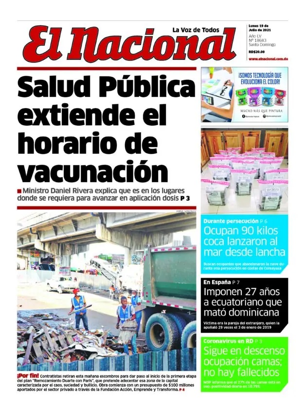 Portada Periódico El Nacional, Lunes 19 Julio, 2021