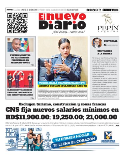 Portada Periódico El Nuevo Diario, Jueves 15 Julio, 2021