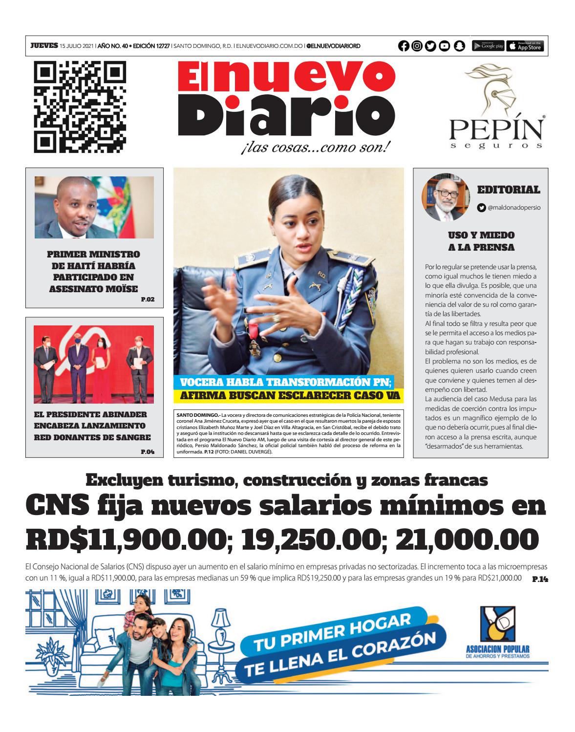 Portada Periódico El Nuevo Diario, Jueves 15 Julio, 2021