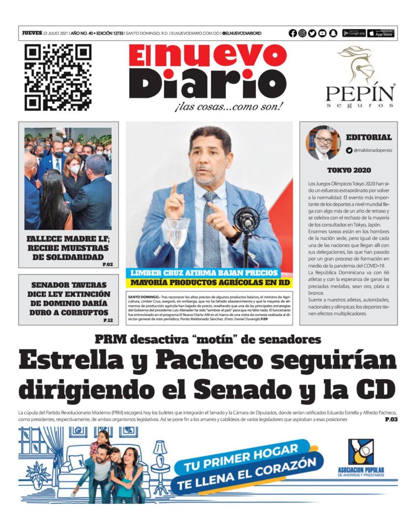 Portada Periódico El Nuevo Diario, Jueves 22 Julio, 2021