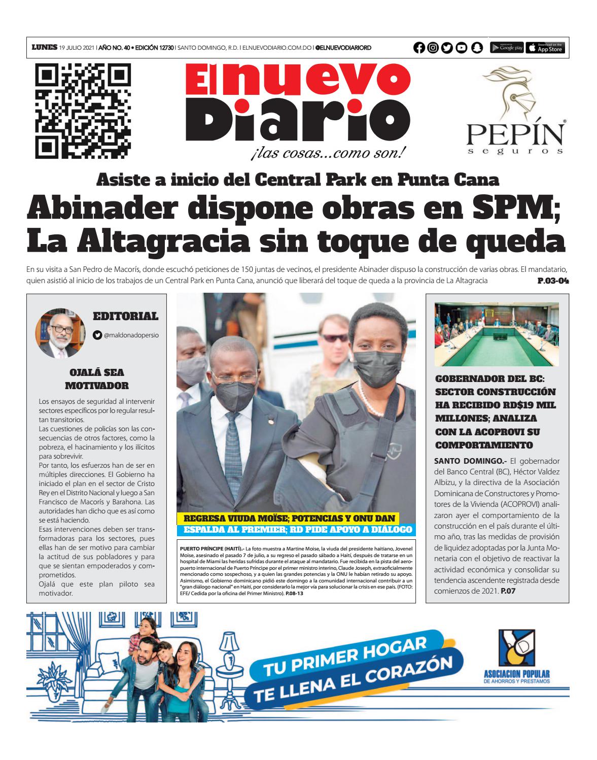 Portada Periódico El Nuevo Diario, Lunes 19 Julio, 2021