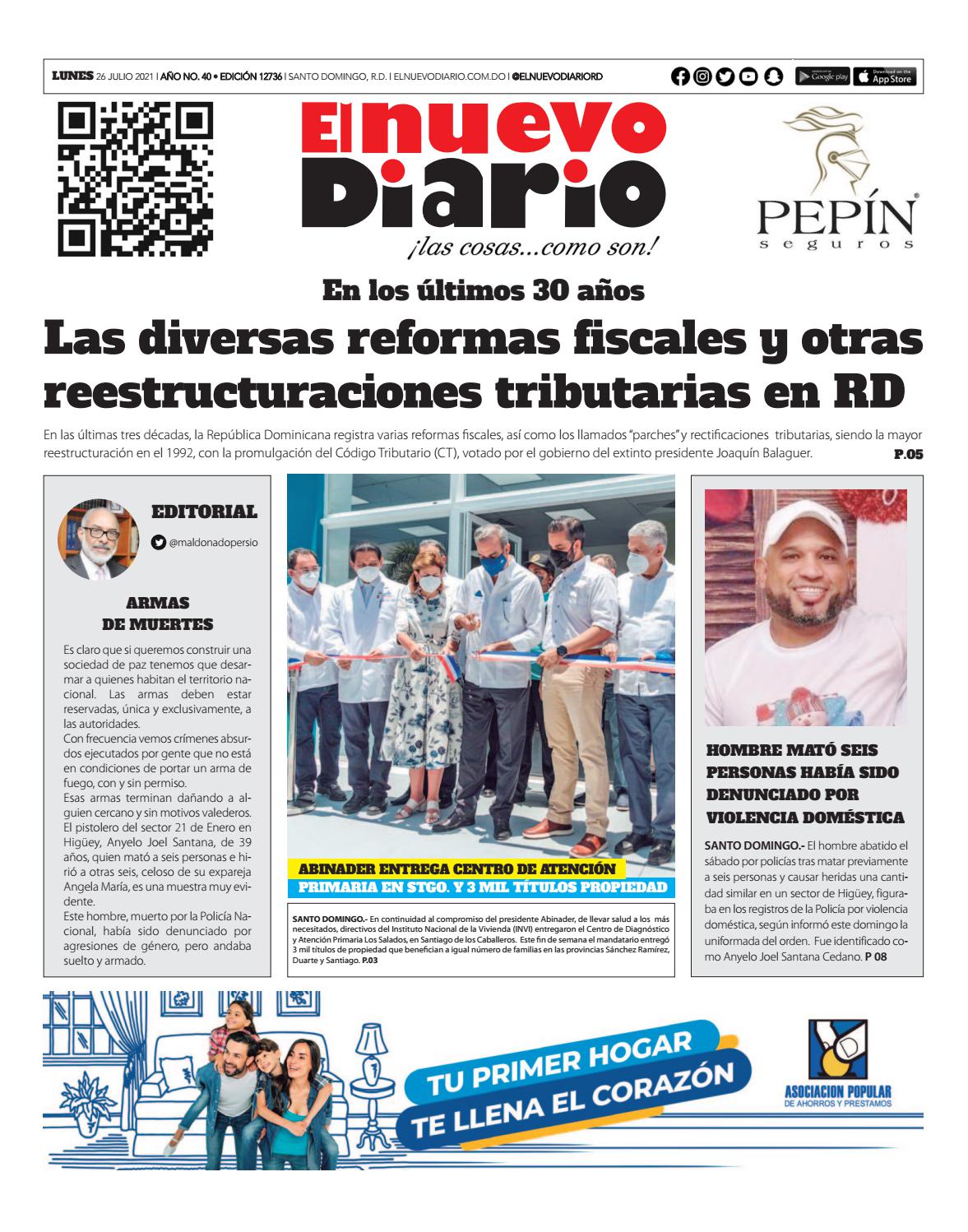 Portada Periódico El Nuevo Diario, Lunes 26 Julio, 2021